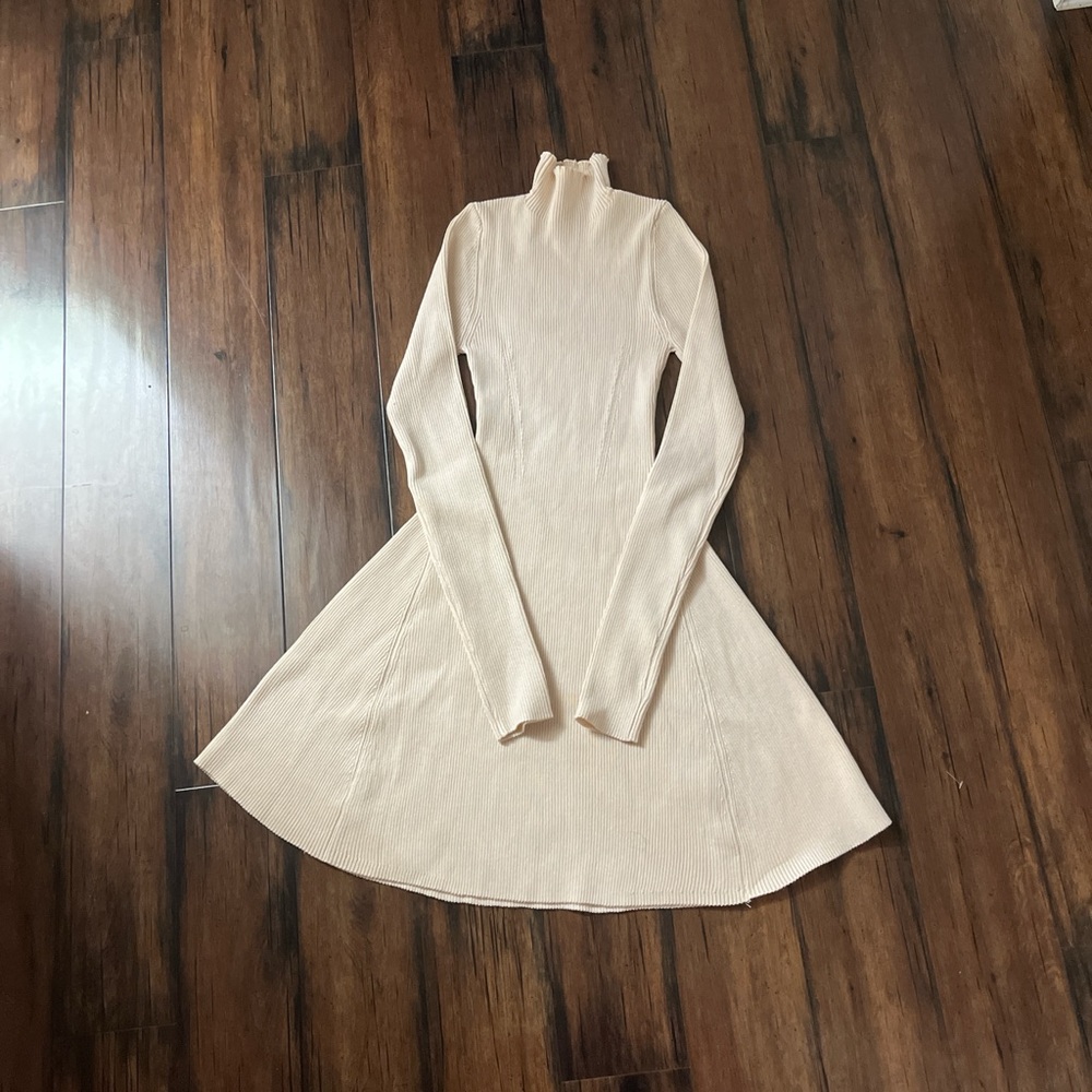 Cream Ribbed Long Sleeve Turtleneck A-Line Dress